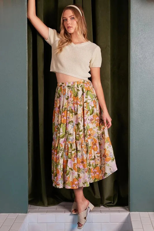 Mittoshop Flower Print Elastic Waist Tiered Skirt - Brittney MADE