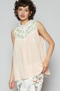 POL Lace Detail Floral Sleeveless Rayon Gauze Top - Brittney MADE