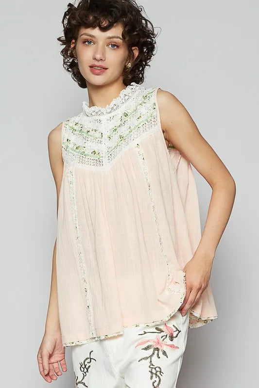 POL Lace Detail Floral Sleeveless Rayon Gauze Top - Brittney MADE