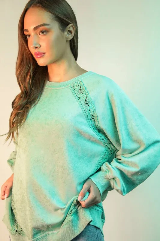 VERY J Plus Size Lace Trim Detail Mineral Washed Knit Top - Brittney MADE