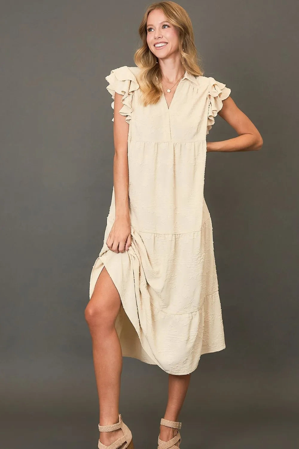 Umgee Full Size Tiered Floral Burnout Ruffle Sleeve Midi Dress Plus Size - Brittney MADE