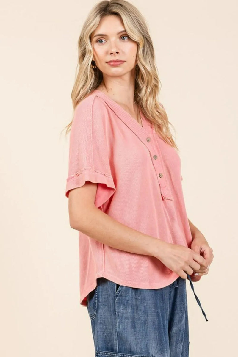 Mittoshop Mineral Wash Henley Short Sleeve Waffle Knit Top - Brittney MADE