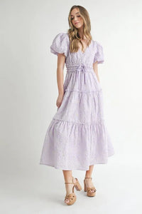 MABLE Eyelet Lace Puff Sleeve V Neck Midi Dress - Brittney MADE