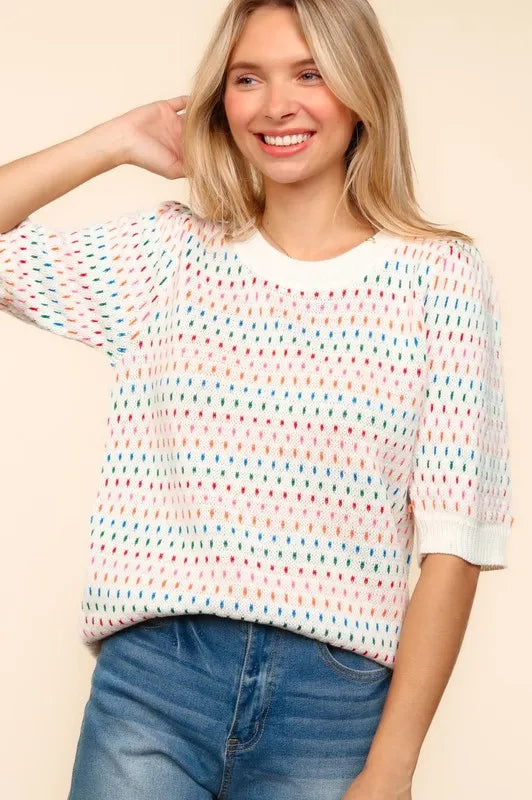 Haptics Round Neck Half Sleeve Multi Color Knit Top - Brittney MADE