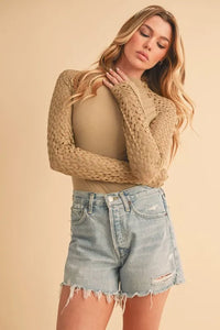 Aemi+Co Mock Neck Ribbed Knit Top with Crochet Sleeve - Brittney MADE