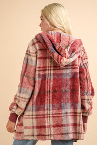 VERY J Fuzzy Plaid Long Sleeve Hooded Jacket - Brittney MADE
