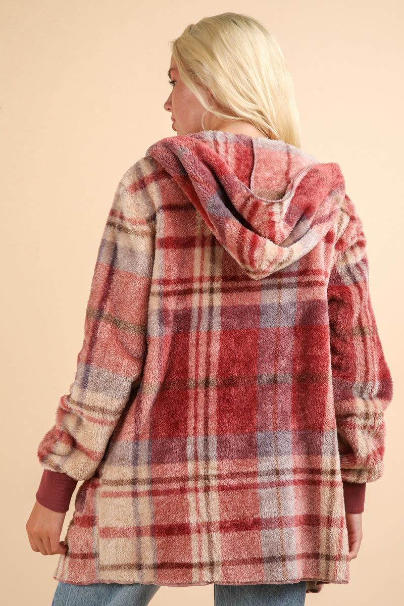 VERY J Fuzzy Plaid Long Sleeve Hooded Jacket - Brittney MADE