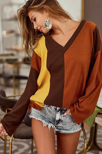 BiBi Brushed Thermal Color Block V-Neck Knit Top - Brittney MADE