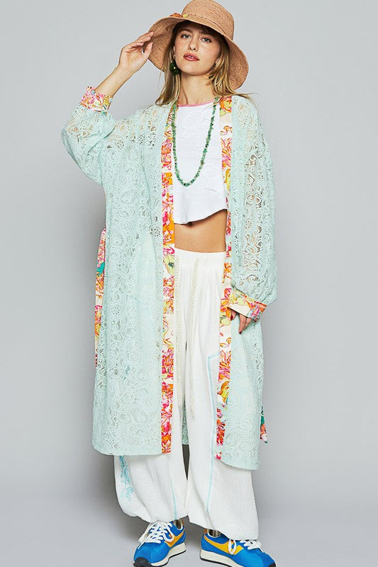 POL Floral Trim Lace Open Front Longline Cardigan - Brittney MADE