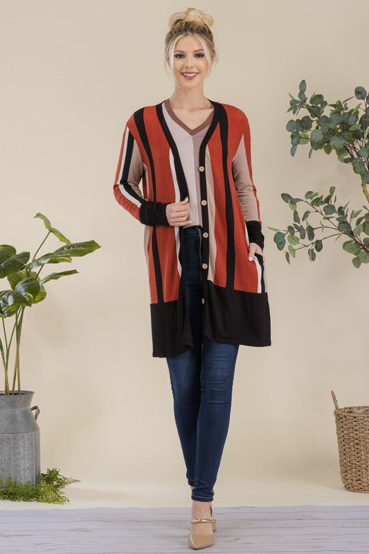 Celeste Full Size Striped Button Up Long Sleeve Cardigan Plus Size - Brittney MADE