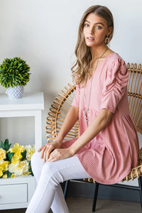Heimish Full Size Waffle Knit V-Neck Babydoll Top - Brittney MADE