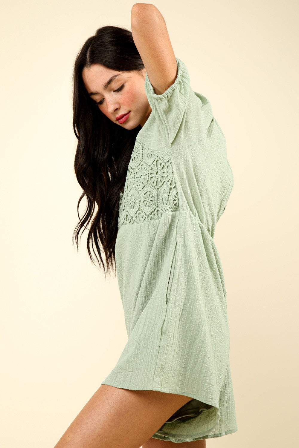 VERY J Lace Detail Puff Sleeve Romper with Pockets - Brittney MADE