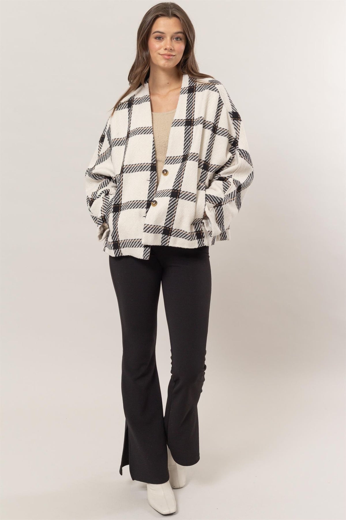 HYFVE Plaid Long Sleeve Jacket with Side Slit Pockets - Brittney MADE