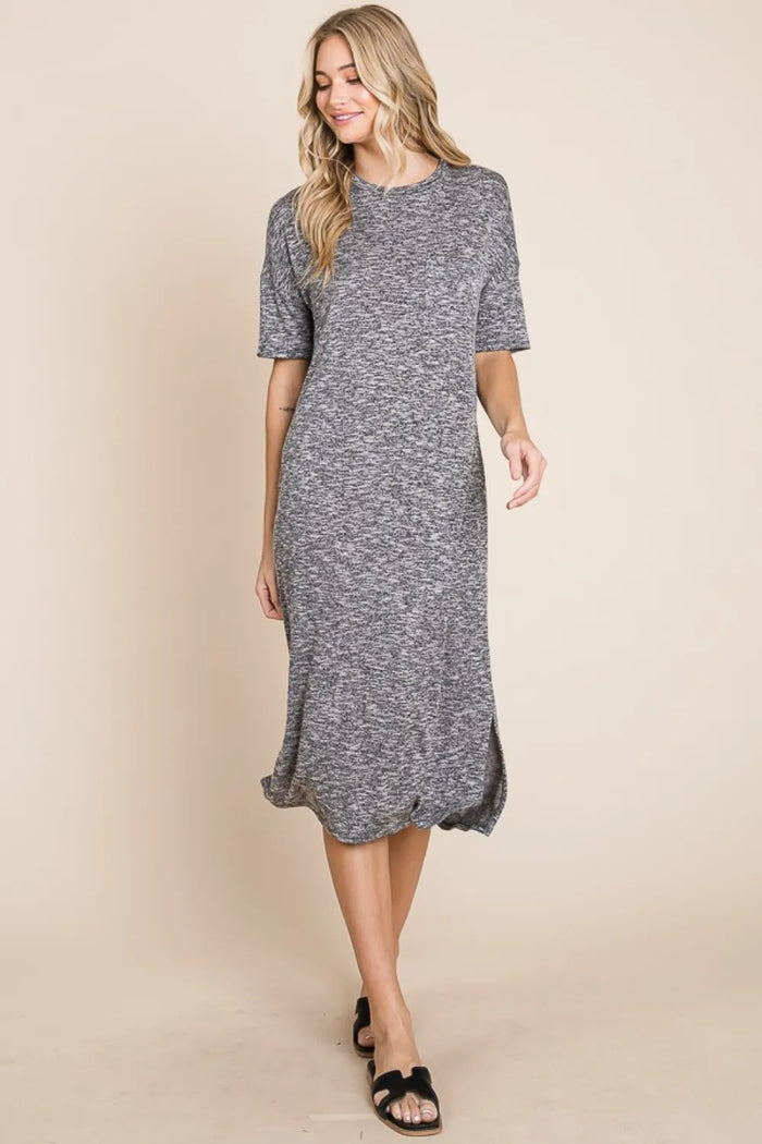 BOMBOM Slit Round Neck Half Sleeve Midi Dress - Brittney MADE