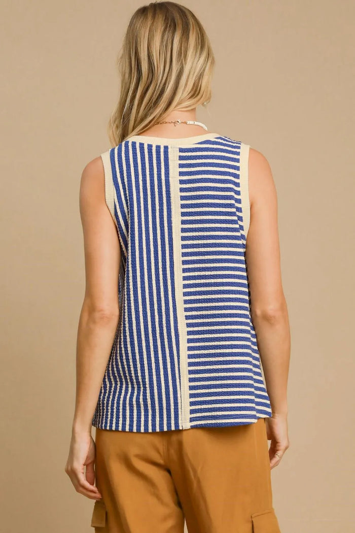 Umgee Round Neck Texture Striped Tank - Brittney MADE
