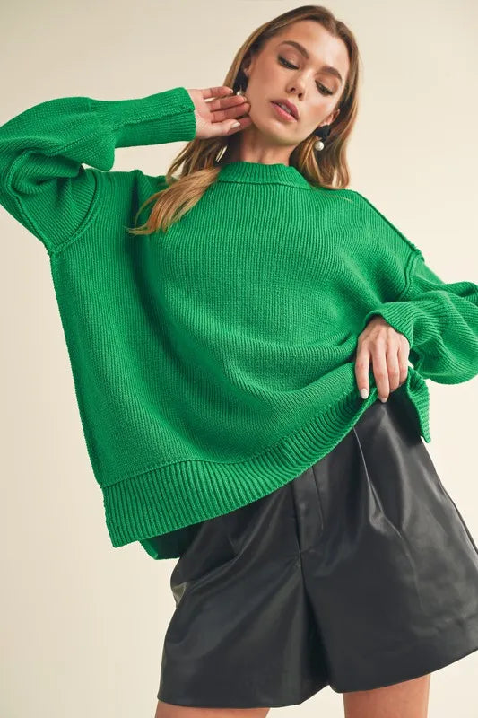 Aemi+Co Ribbed Hem Side Slit Round Neck Sweater - Brittney MADE