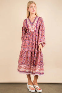 VERY J Floral Printed Boho V-Neck Balloon Sleeve Dress - Brittney MADE