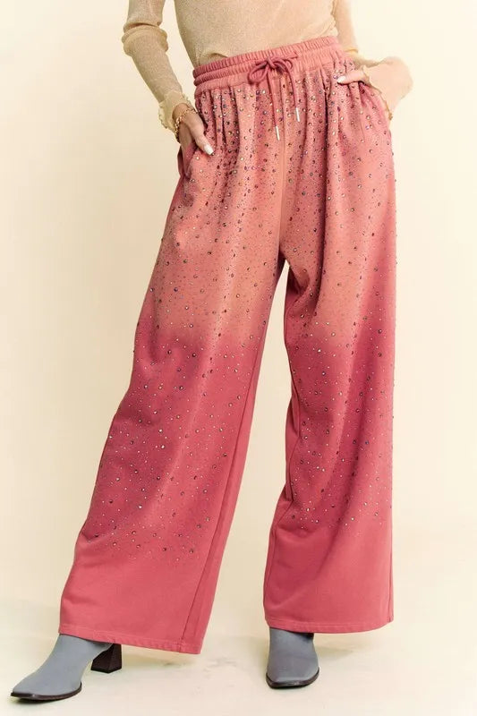 Davi & Dani Rhinestone Drawstring Wide Leg Pants - Brittney MADE