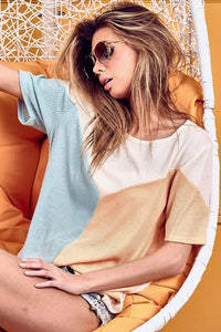 BiBi Round Neck Color Block Short Sleeve T-Shirt - Brittney MADE