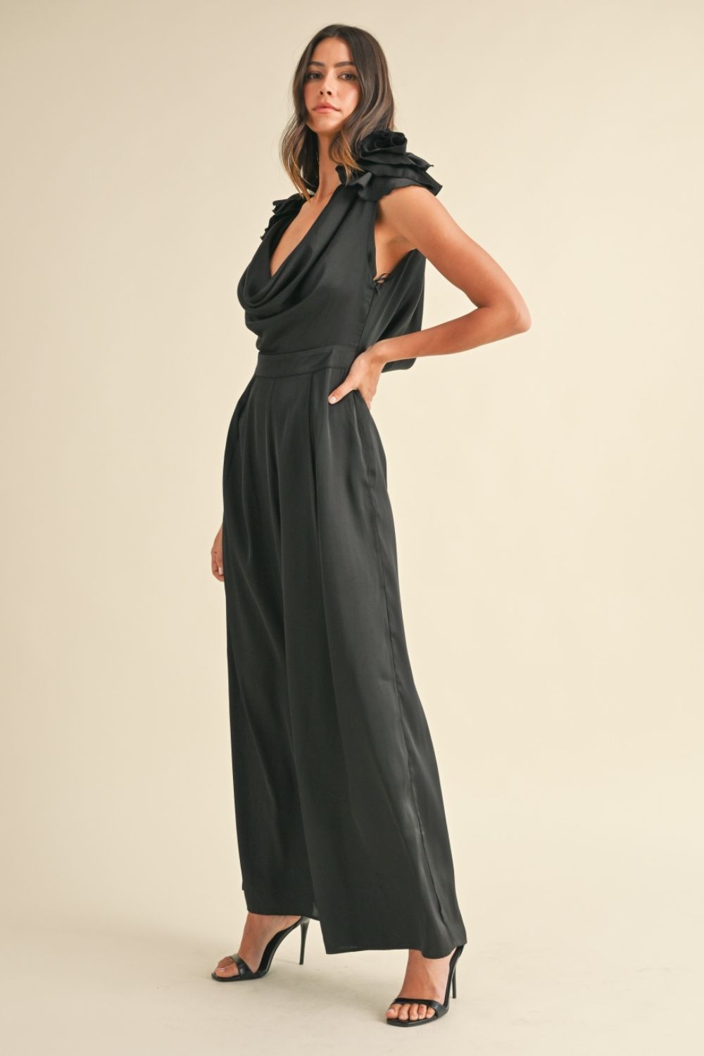 MABLE 3D Floral Applique Deep Cowl Neck Jumpsuit - Brittney MADE