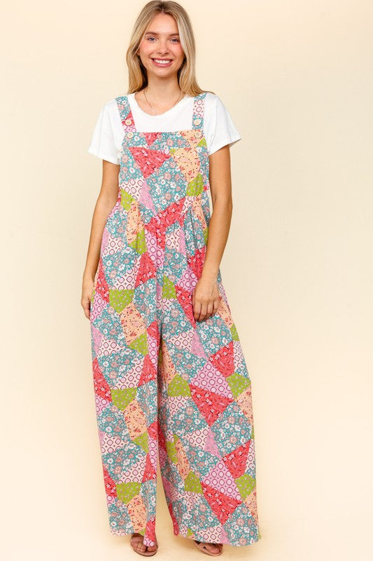 Haptics Full Size Printed Wide Leg Overalls with Side Pockets - Brittney MADE