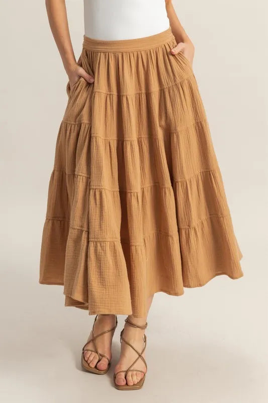 HYFVE Double Gauze Tiered Midi Skirt with Pockets - Brittney MADE