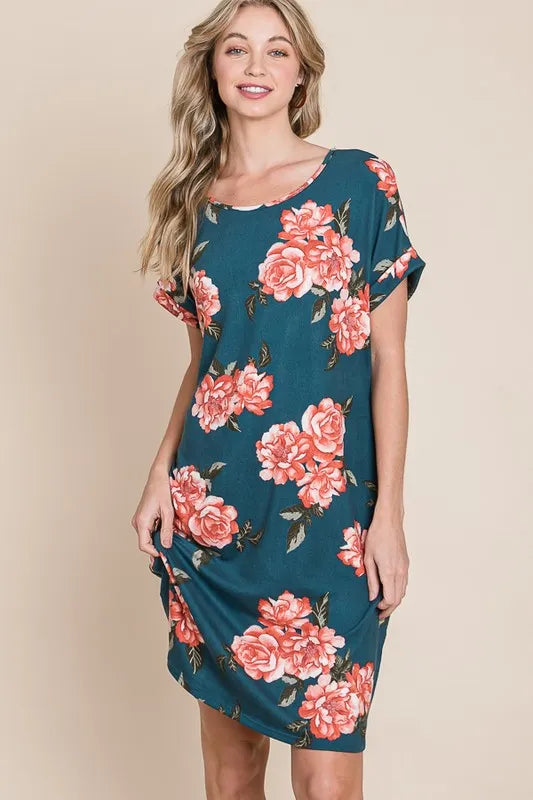 BOMBOM Floral Round Neck Short Tee Dress with Pockets - Brittney MADE