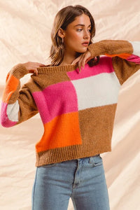 SO ME Multi Color Block Checkered Sweater Top - Brittney MADE