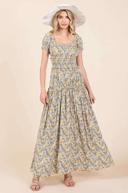 Mittoshop Flower Print Puff Sleeve Gathered Maxi Dress - Brittney MADE