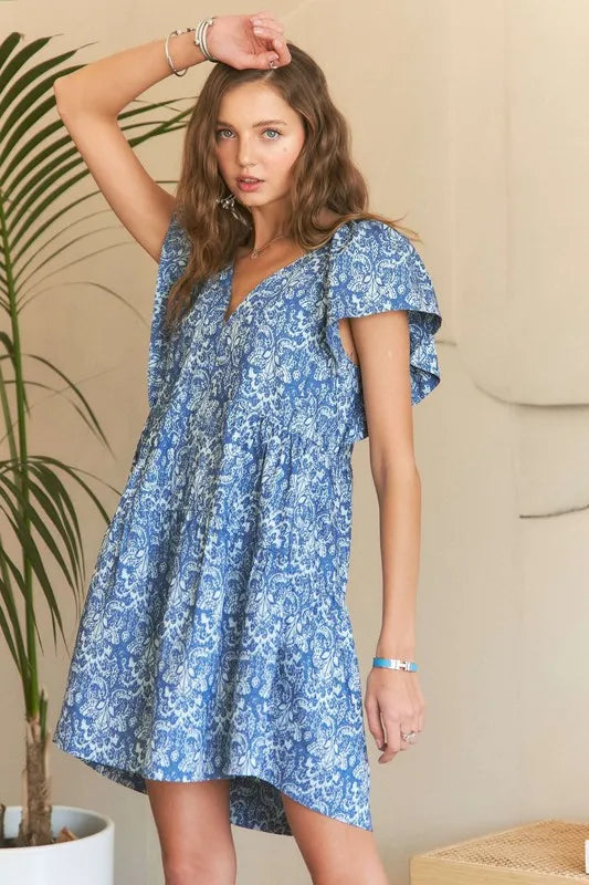 ADORA Printed V-Neck Ruffle Sleeve Mini Dress - Brittney MADE