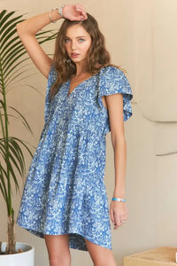 ADORA Printed V-Neck Ruffle Sleeve Mini Dress - Brittney MADE
