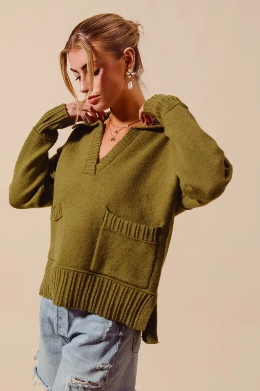 SO ME Flap Collar Sweater Pullover Top with Patch Pocket - Brittney MADE