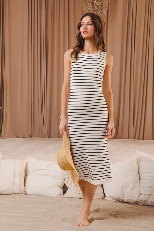 SO ME Stripe Sleeveless Sweater Knit Maxi Dress With Ruffled Hem - Brittney MADE