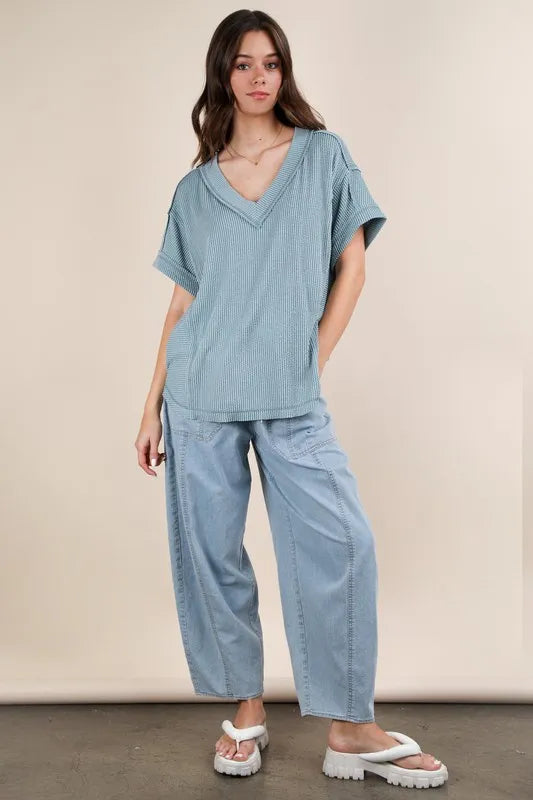 VERY J Full Size Soft Two Tone Casual Comfy Ribbed Knit Top Plus Size - Brittney MADE