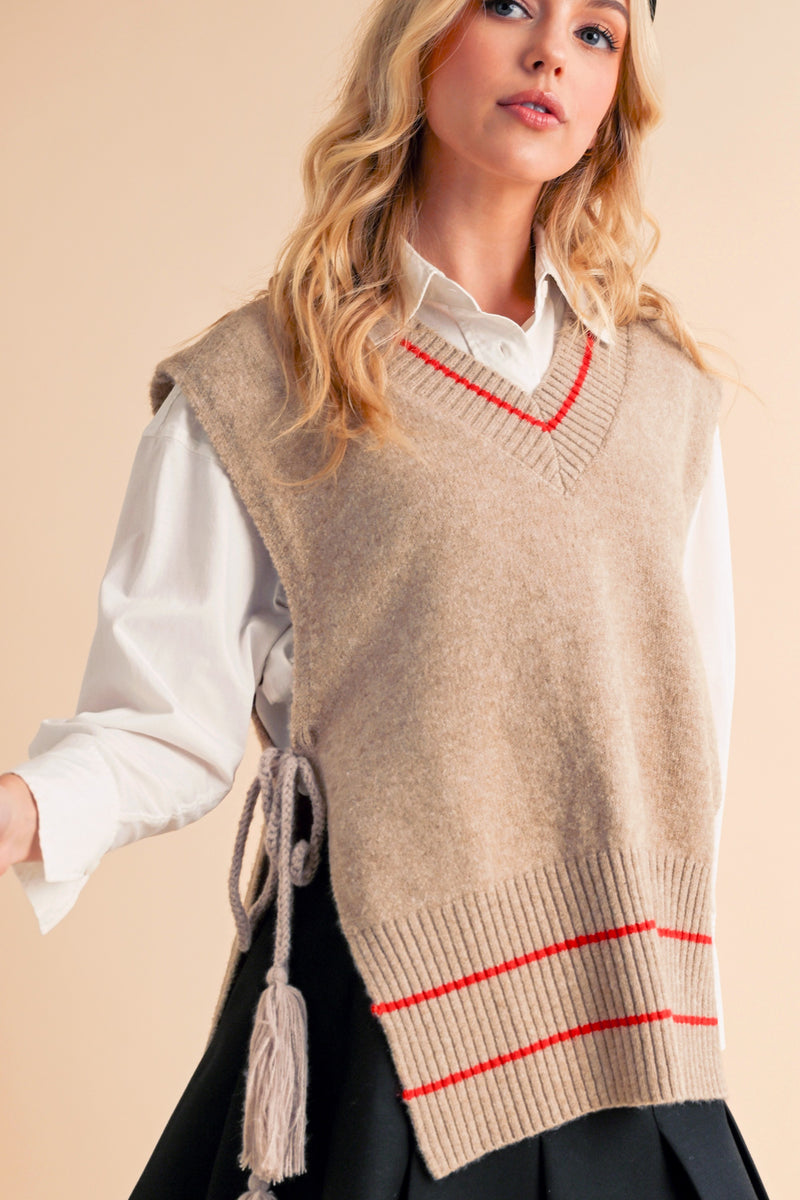 Aemi + Co Ribbed V-Neck Sweater Vest with Tassel - Brittney MADE