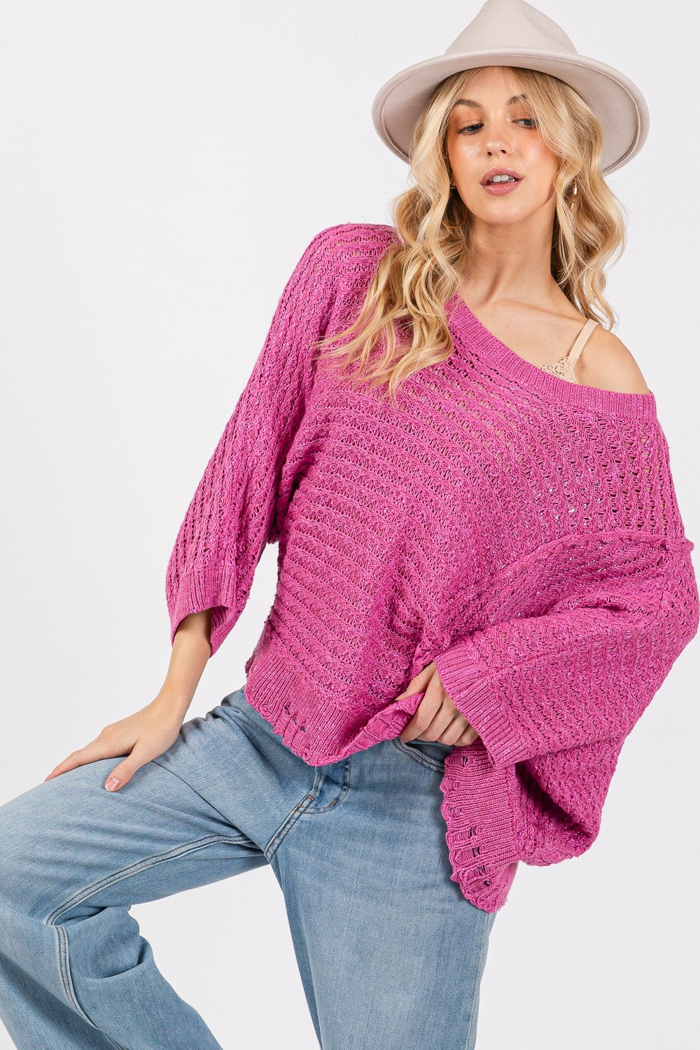 SAGE + FIG Distressed Asymmetrical Open Stitch Sweater - Brittney MADE