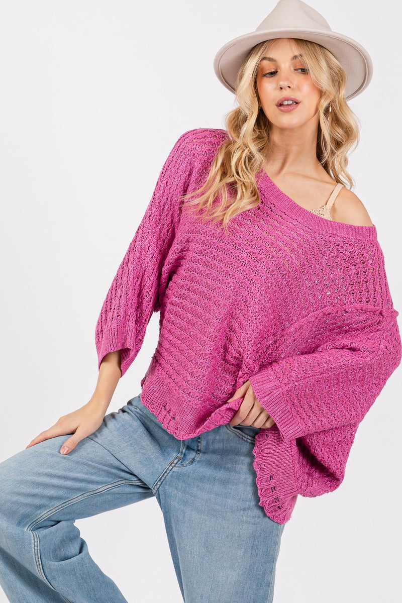 SAGE + FIG Distressed Asymmetrical Open Stitch Sweater - Brittney MADE