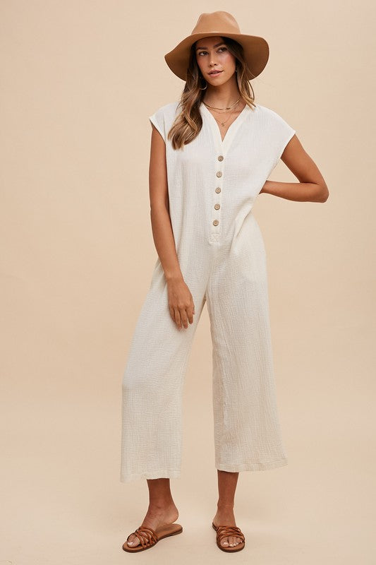 Annie Wear Button Detail Wide Leg Jumpsuit with Pockets - Brittney MADE