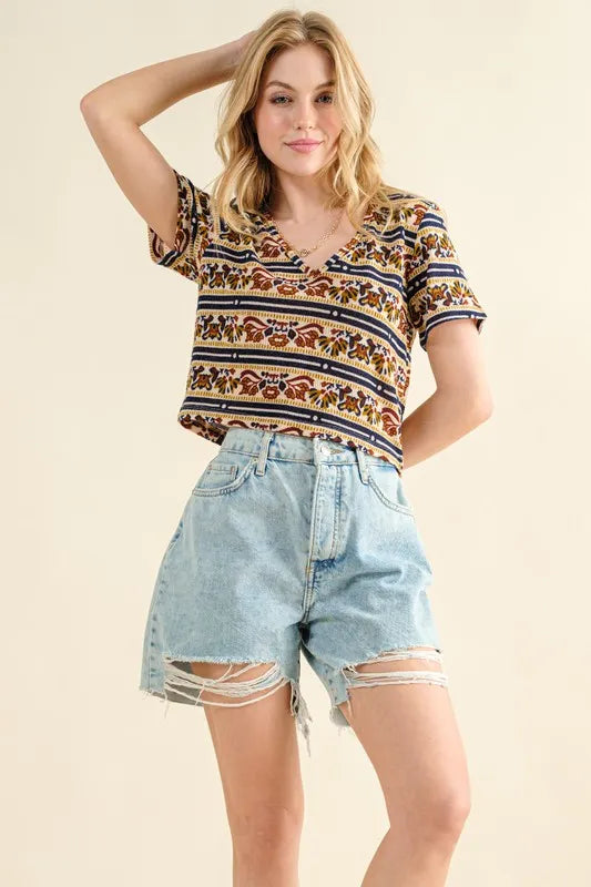 And The Why Printed V Neck Cropped T-Shirt - Brittney MADE