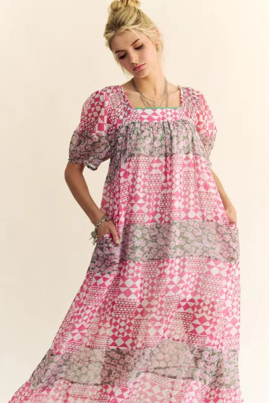 Davi & Dani Multi Floral Square Neck Puff Sleeve Maxi Dress - Brittney MADE
