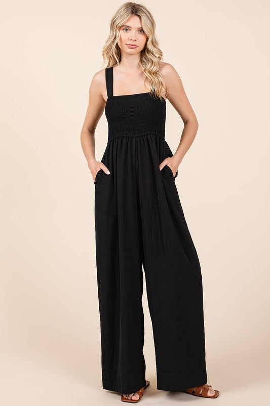 Mittoshop Smocked Wide Strap Wide Leg Overalls - Brittney MADE