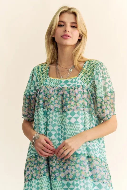 Davi & Dani Multi Floral Square Neck Puff Sleeve Maxi Dress - Brittney MADE