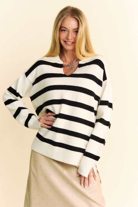 Davi & Dani High-Low Side Slit Striped Johnny Collar Sweater - Brittney MADE