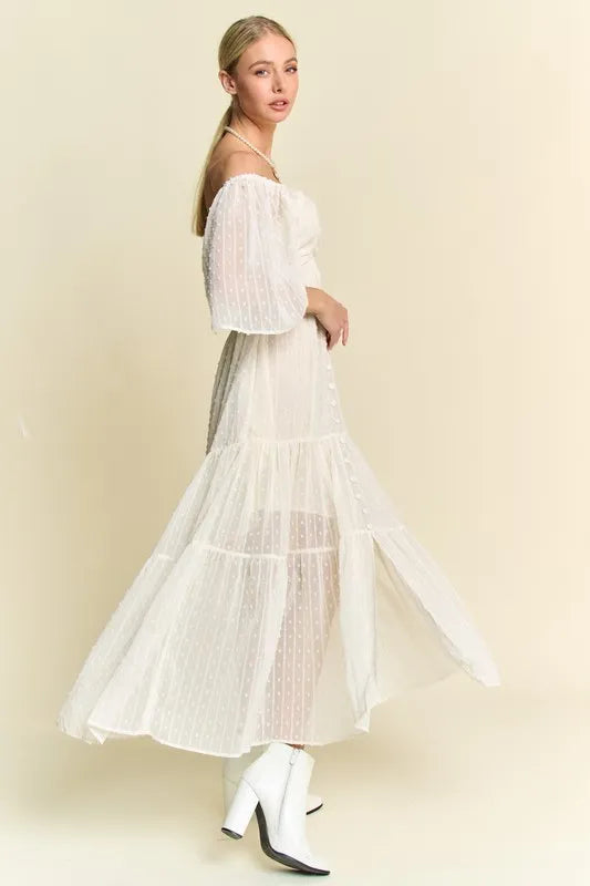 Davi & Dani Swiss Dotted Ruched Ruffle Open Back Midi Dress - Brittney MADE
