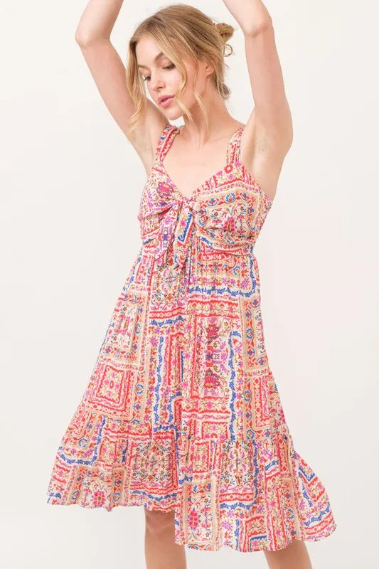 And The Why Tied Front Smocked Back Tiered Boho Printed Dress - Brittney MADE