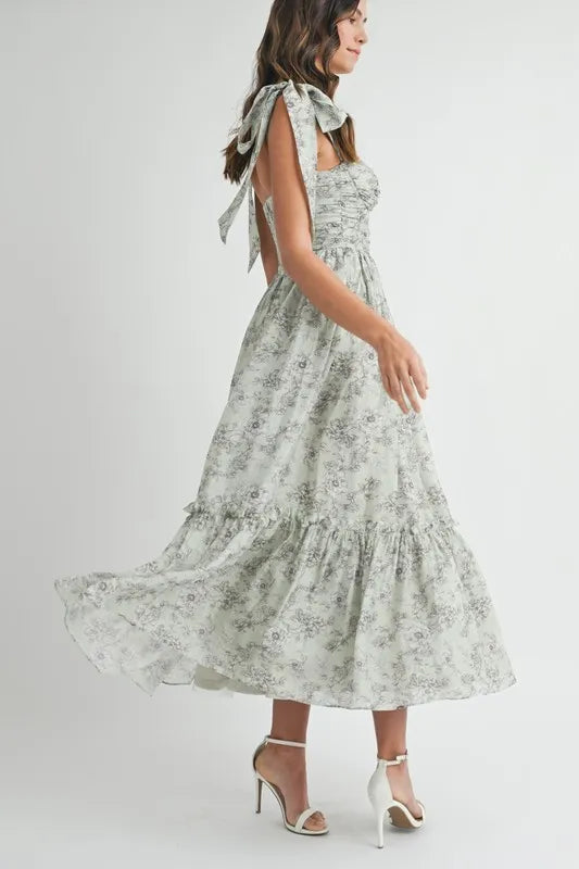 MABLE Floral Bust Ruched Midi Dress with Shoulder Tie - Brittney MADE