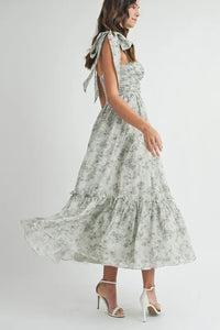 MABLE Floral Bust Ruched Midi Dress with Shoulder Tie - Brittney MADE