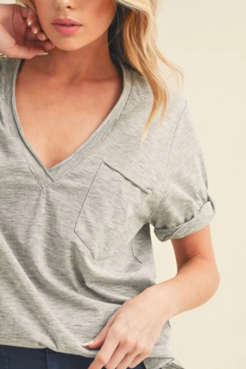 Aemi + Co Side Slit V-Neck Short Rolled Sleeve T-Shirt - Brittney MADE