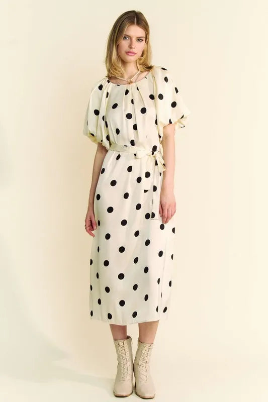 Davi & Dani Polka Dot Puff Sleeves Waist Tie Midi Dress - Brittney MADE