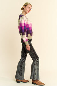 Davi & Dani Checkered Round Neck Long Sleeve Sweater - Brittney MADE